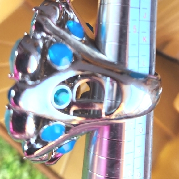 DIOR GLAM Turquoise Blues Silver MEGA Sparkly Rhinestones Gaudy Cocktail RING 2" - Picture 7 of 16